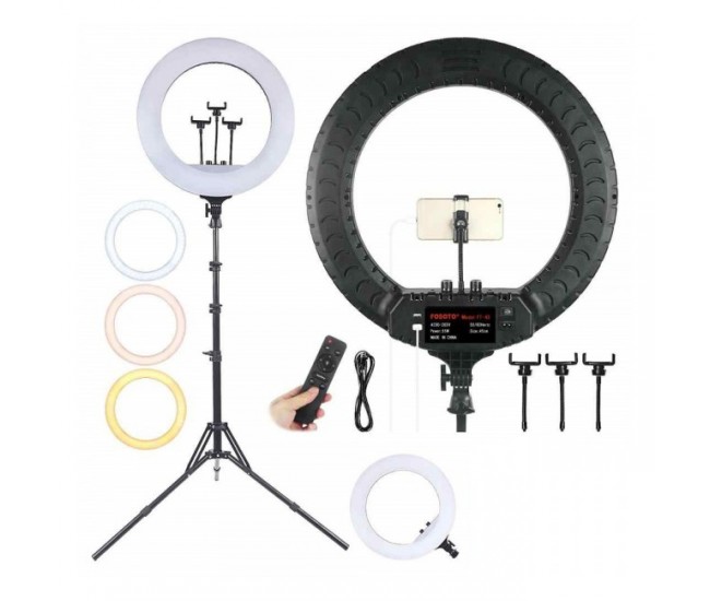 Ring light Lampa circulara LED cu trepied, 46 cm, 3 suporturi de telefon, telecomanda, alimentare 220V, inaltime reglabila trepied - RL18