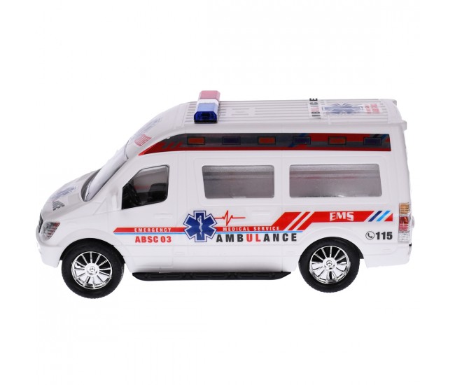 Ambulanta de jucarie, actionata mecanic, detalii realistice, alb