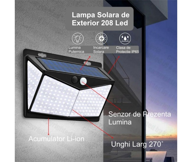 LAMPA DE PERETE SOLARA 208 LED + SENZOR