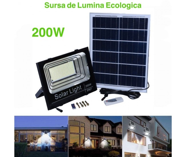 PROIECTOR 200W CU PANOU SOLAR ȘI TELECOMANDA