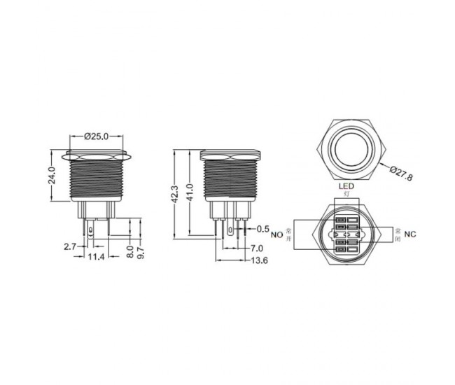 PUSH BUTON 25MM / 24V LED ALB