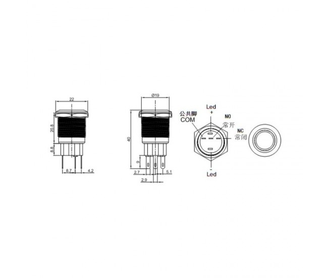 PUSH BUTON NEGRU 19MM / LED ALB