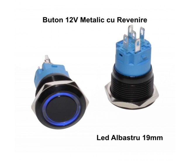 PUSH BUTON NEGRU 19MM / LED ALBASTRU