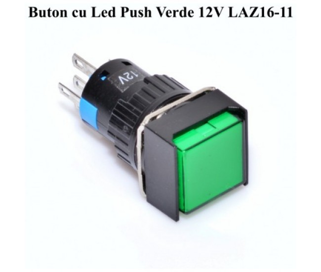 PUSH BUTON PATRAT VERDE 12V - 16MM