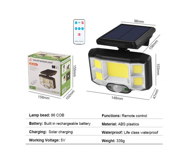 Lampa solara cu senzor de miscare si telecomanda, 96 Led COB, rezistenta la apa