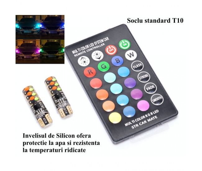 LED AUTO T10 RGB , 12V-W5W + TELECOMANDA