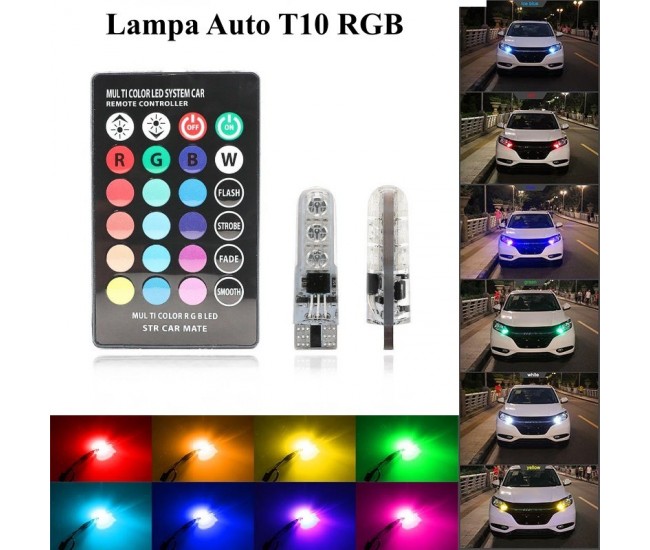 LED AUTO T10 RGB 5050 , 12V-W5W + TELECOMANDA