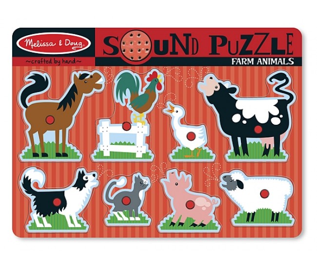 Puzzle de lemn cu sunete animale de la ferma melissa and doug