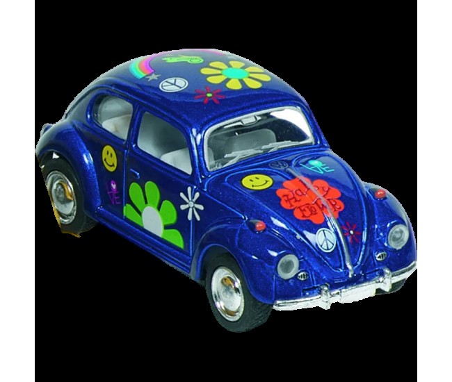 Masinuta die cast vw beetle classic, scara 1:64, lungime 6,5cm, cu print floral, albastra