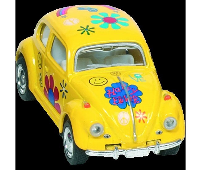 Masinuta die cast vw beetle classic, scara 1:64, lungime 6,5cm, cu print floral, galbena