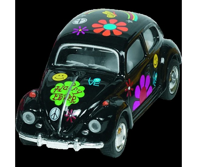 Masinuta die cast vw beetle classic, scara 1:64, lungime 6,5cm, cu print floral, neagra