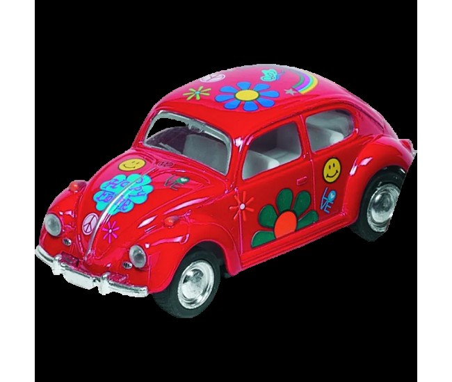 Masinuta die cast vw beetle classic, scara 1:64, lungime 6,5cm, cu print floral, rosie