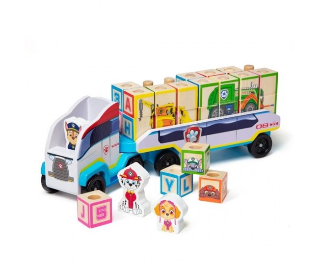 Camion cu remorca, 28 cuburi din lemn cu litere si 3 figurine paw patrol, patrula catelusilor