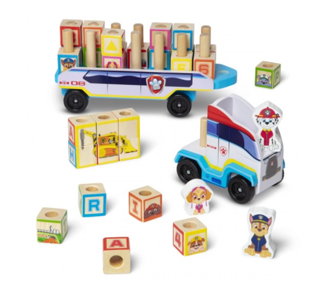 Camion cu remorca, 28 cuburi din lemn cu litere si 3 figurine paw patrol, patrula catelusilor