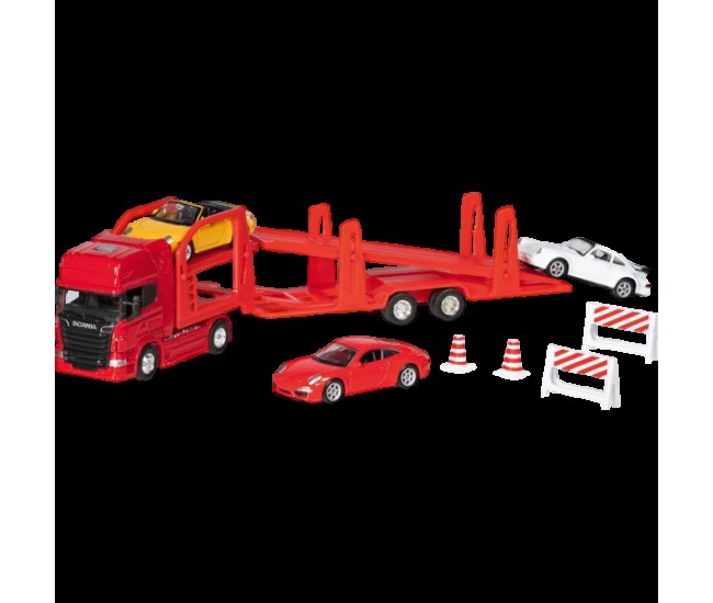 Camion die-cast transportor de masini scania v8, scara 1 la 60-64, lungime 29 cm