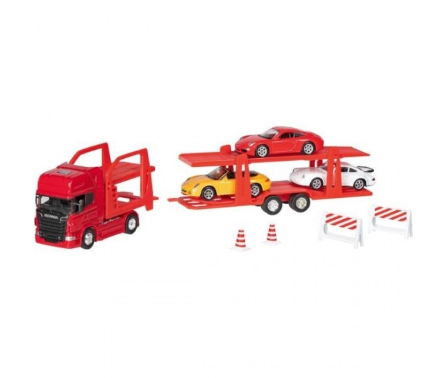 Camion die-cast transportor de masini scania v8, scara 1 la 60-64, lungime 29 cm