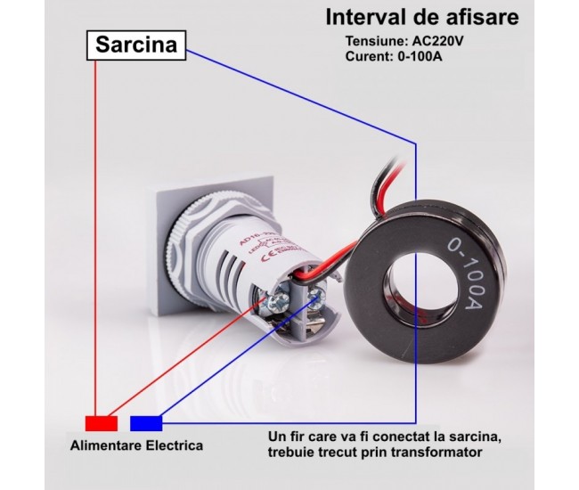 Ampermetru Digital Portocaliu de Panou 220V / Ø 22mm