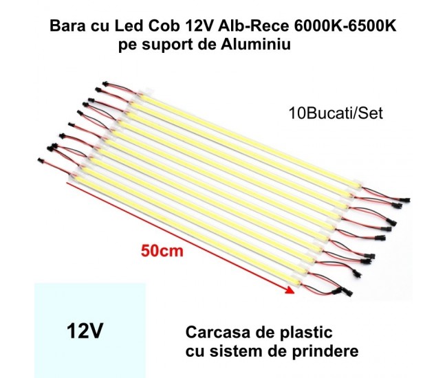 Bara de Led COB 12V Alb Rece  6500K, 50cm x 10buc/set