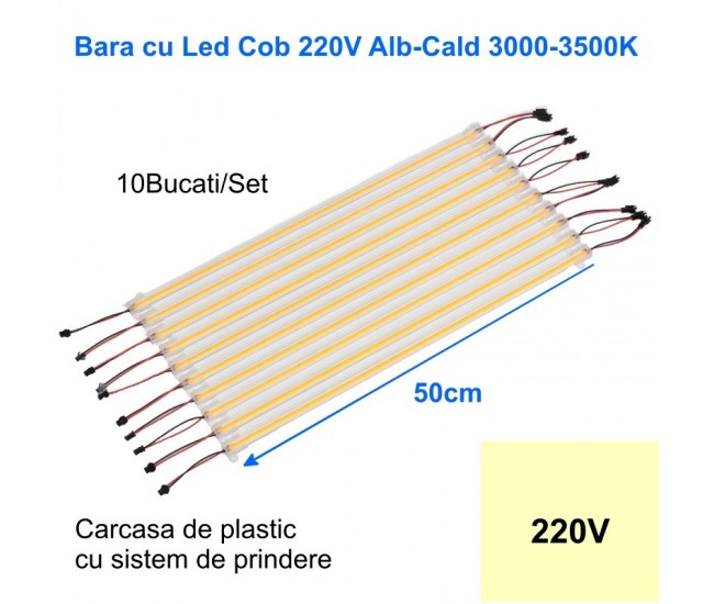 Bara cu Led COB 220V Alb-Cald 3500K, 50cm x 10buc/set