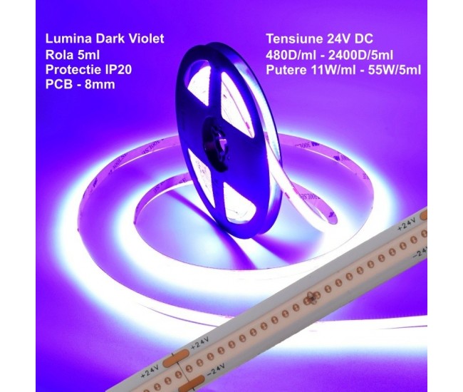 Banda Led Cob Dark-Violet, DC 24V - 480D/ml - 11W/ml, IP20 - Rola/5ml