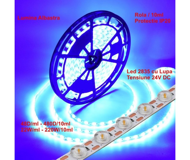 Banda Led 2835 cu Lupa - 24V - 480Led - 220W, IP20 Lumina Albastru, Rola/10ml