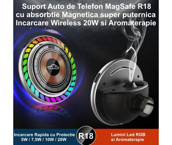 Suport Auto Magnetic cu Incarcare Wireless 20W si Aromaterapie / R18