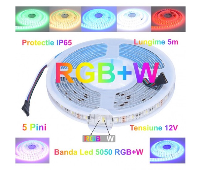 Banda Led 5050 - DC12V / 8W/m - 60Led/m Exterior IP65, RGBW - 5m/rola