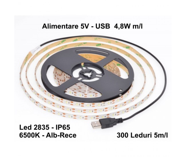 Banda Led 2835 - 5V USB 60led/m Alb-Rece IP65 - 5m/Rola