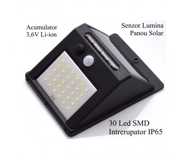 Lampa de Perete 30 Led + Incarcare Solară + Senzor de lumina