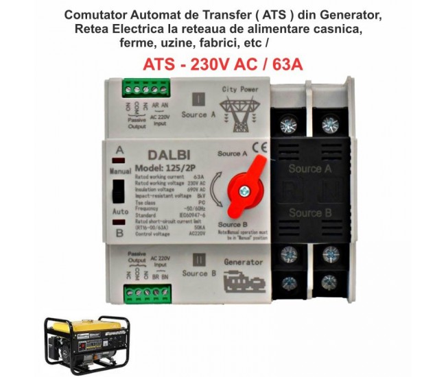 Comutator Automat de Transfer Generator / Retea - ATS 2P - 230V AC / 63A