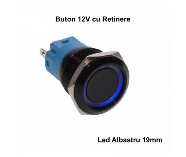 Push Buton Negru 19mm/Retinere cu Led Albastru