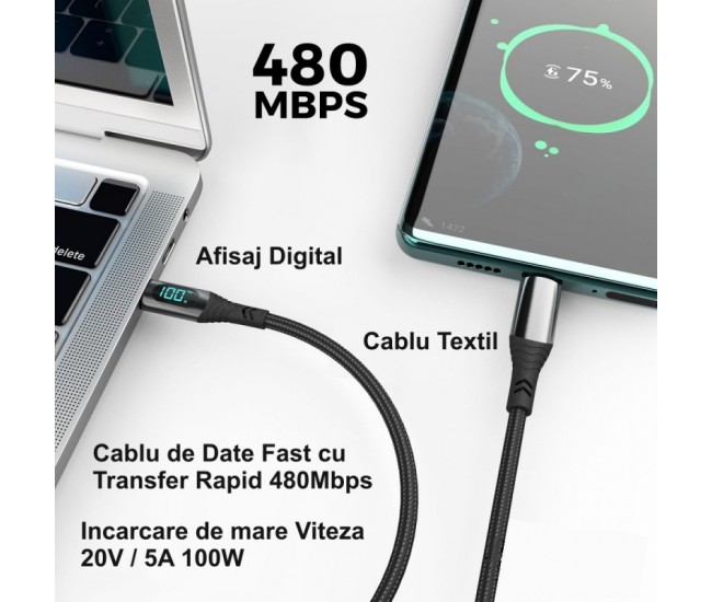 Cablu PD 100W  - Tip C cu Afisaj Digital 480Mbps / 1,2m