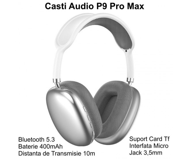 Casti Audio WiFi P9 Pro Max cu Bluetooth 5.3 / Alb-Argintiu