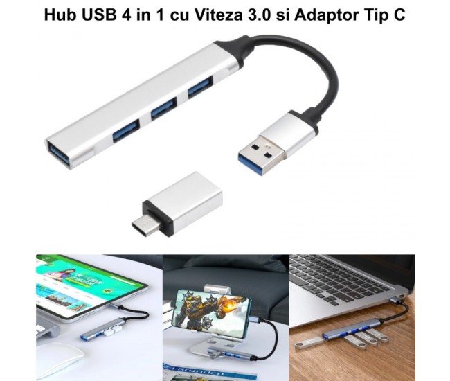HUB 4 in 1 cu USB 3.0 si Adaptor Tip C