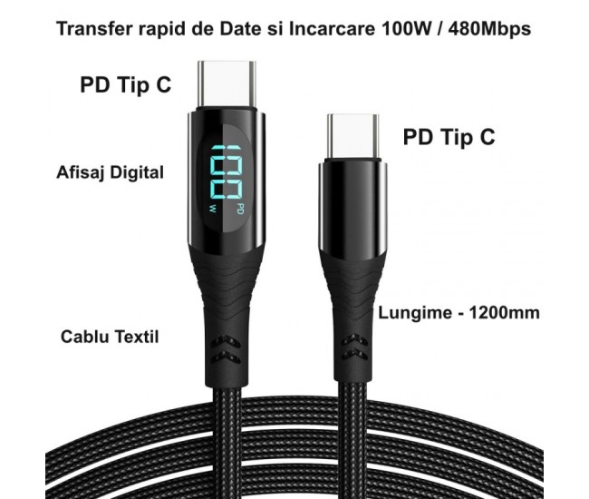 Cablu PD 100W  - Tip C cu Afisaj Digital 480Mbps / 1,2m