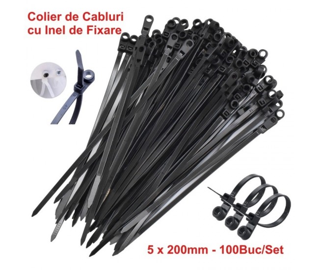 Colier de Plastic Negru 5 x 200mm, cu Cap Montabil - 100b/Set