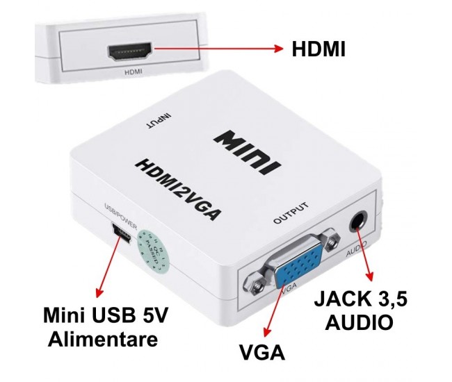 Video Convertor Mini HDMI2VGA / HDMI-VGA 1080P - Audio / HDV-630