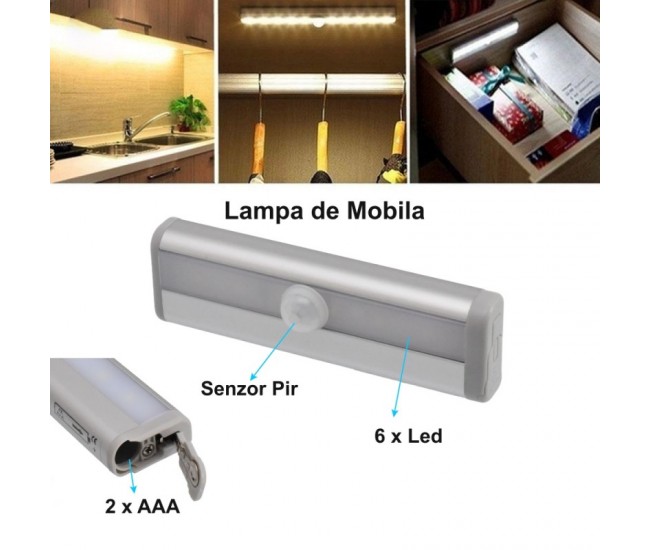 Lampa de Mobila cu 6 Led si Senzor - 2 x AAA