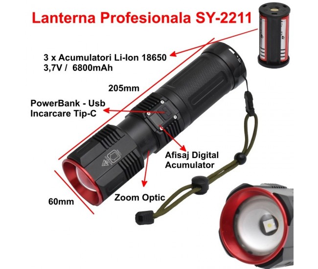 Lanterna Profesionala cu Lumina Laser Led si Display SY-2211