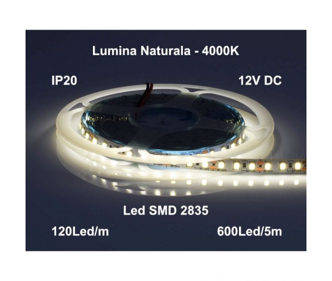 Banda Led 2835 - DC12V / 8W/m - 120led/m Interior IP20, Alb-Natural 4000K - 5m/rola