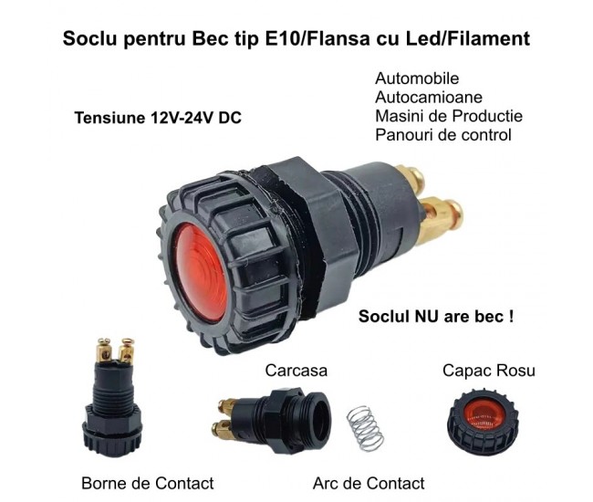 Suport Indicator Tensiune pentru Bec E10 cu Led 12V-24V / Rosu