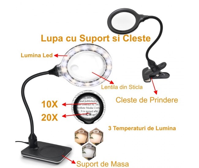 Lupa de Marit 10X, 20X din Sticla, cu Suport si Cleste, 3 Culori de Lumina, MG-HYZ-110