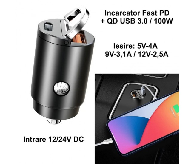 Incarcator Auto Slim Tip C Fast / Usb-PD - 100W-CC-326