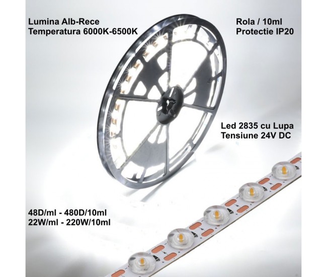 Banda Led 2835 cu Lupa - 24V - 480Led - 220W, IP20 Lumina Alb-Rece 6500K, Rola/10ml