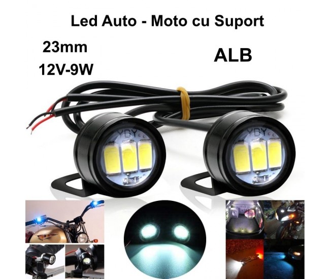 Led Auto 23mm cu Suport / 12V - 9W / ALB, 2 Buc/Set