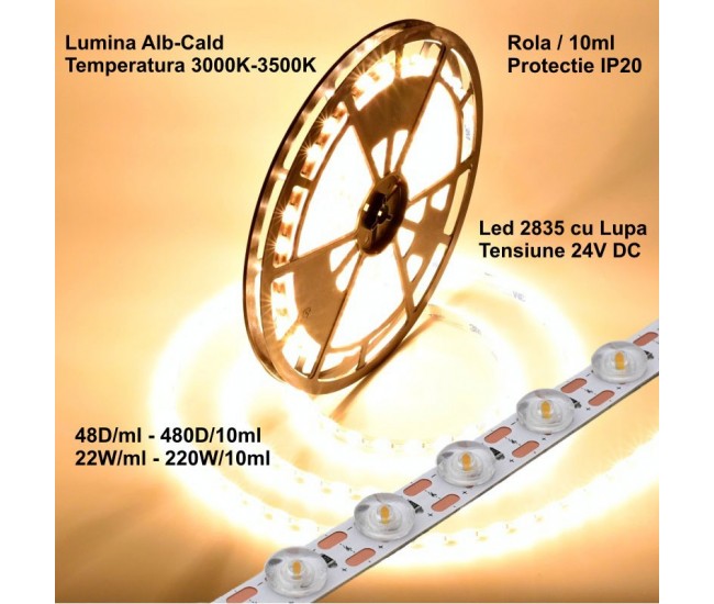 Banda Led 2835 cu Lupa - 24V - 480Led - 220W, IP20 Lumina Alb-Cald 3500K, Rola/10ml