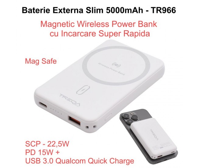 Baterie Externa 5000mAh, Power Bank Slim - Magnetic Wireless 15W, Usb /  TR-966 / Alb