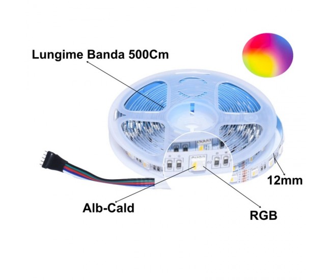 Banda Led 5050 - DC12V / 8W/m - 60Led/m Interior IP20, RGBWW - 5m/rola