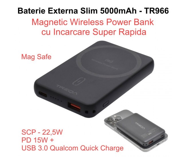 Baterie Externa 5000mAh, Power Bank Slim - Magnetic Wireless 15W, Usb /  TR-966 / Negru