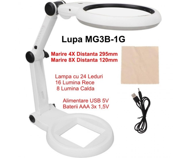 Lupa de Marit 4X, 8X cu Stativ, Lentila 5H si 24 Led / MG3B-1G